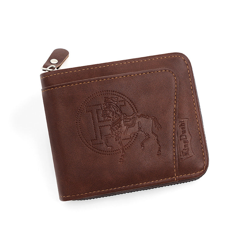 NNEDSZ Dark Brown Men's Leather Wallet with Zipper and Horse Embossed Design -  Compact and Stylish