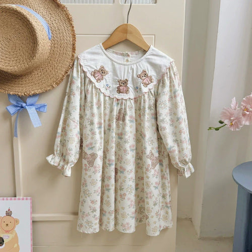 Arrival Autumn Girls Flowers and Teddy Bears Pattern Long Sleeves Dress