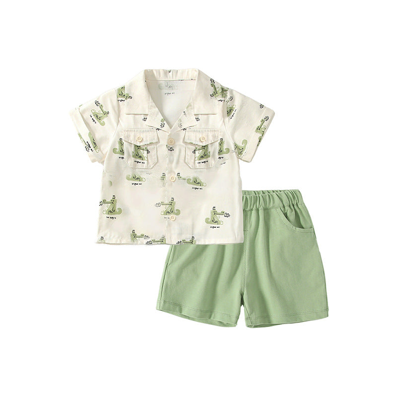 Summer Baby Kids Casual Cartoon Animals Pattern Short Sleeves Top Shirt with Green Shorts Clothing Set for Boys