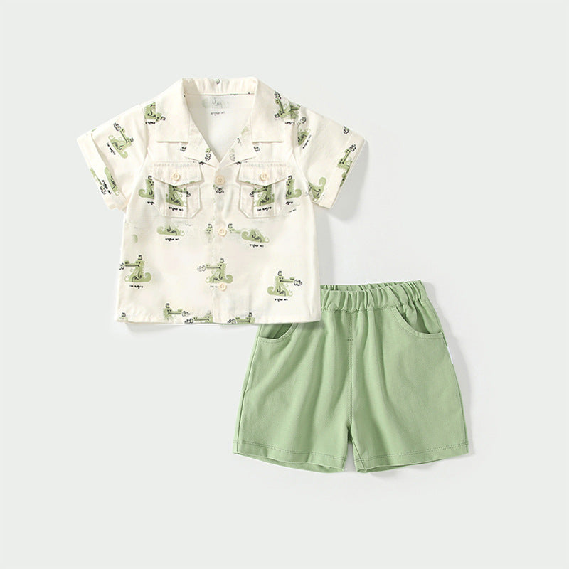 Summer Baby Kids Casual Cartoon Animals Pattern Short Sleeves Top Shirt with Green Shorts Clothing Set for Boys