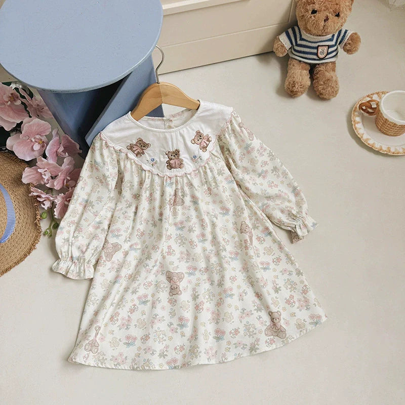 Arrival Autumn Girls Flowers and Teddy Bears Pattern Long Sleeves Dress